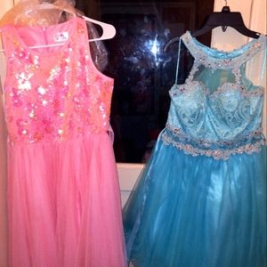 Blue: Cinderella couture, size large 10/12, used once. Pink: Size 16, Justice,